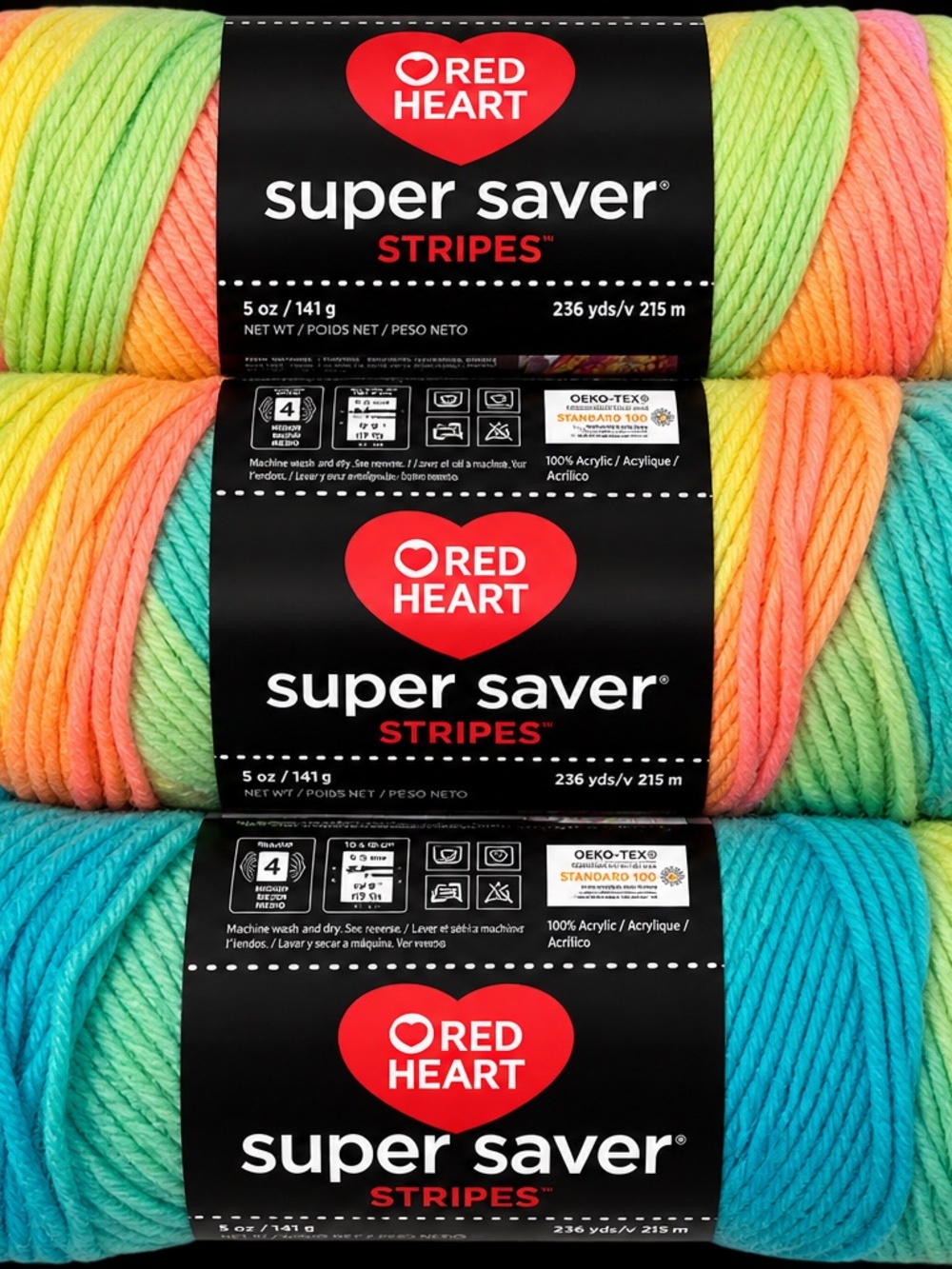 Red Heart Super Saver Stripes Yarn Lot of 3